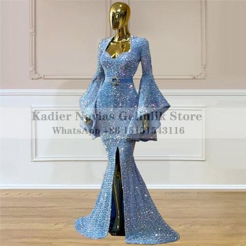 KADIER NOVIAS Women Long Sleeve Mermaid Blue Evening Dresses 2021 with Slit Prom Gown Vestido De Fiesta