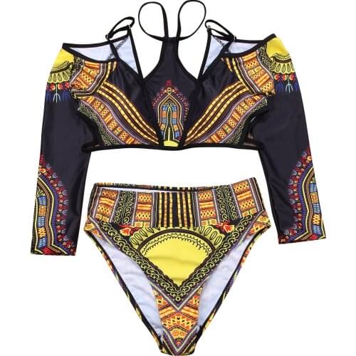 Fashion Retro Women Bikini Sets Swimsuit Long Sleeve Swimwear push up Bra Bathing Beachwear 2 PCS
