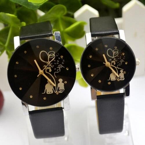 Fashion Unisex Couple Back Rhinestone Faux Leather Analog Quartz Wrist Watch