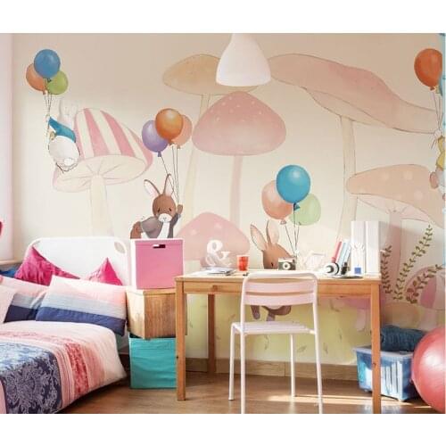 Cartoon Pink balloon Wallpaper Mural 3d Mushroom Wall Photo Mural for Kids Room Sofa Background 3d Rabbit Wall paper Mural Decor