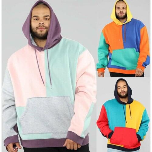 Mens Hoodies Cotton Hooded Patchwork Jumper Long Sleeve Top Casual Shirts Warm