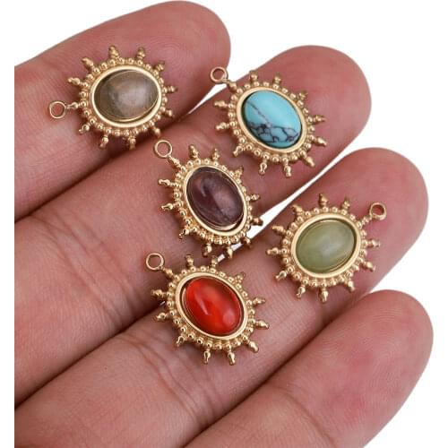 5pcs 13x18mm Natural Stone and Stainless Steel Oval Charm Pendants Gold Waterdrop Charms for Dangle DIY Earring Necklace Making