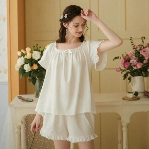 Sexy Women White Sleep Nightwear Suits Night Lace Bow Pajama Sets Sleepwear 2 Pieces Backless Shorts Homewear