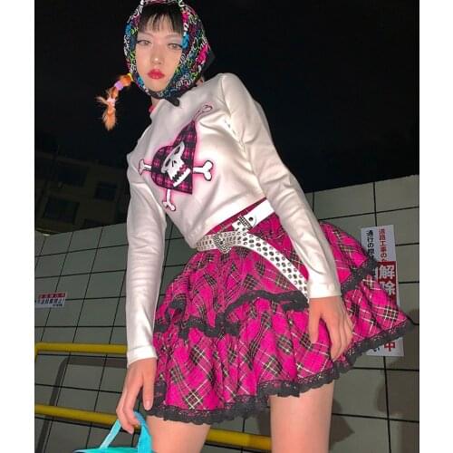 Harajuku Punk Rose Red Plaid High Waist Pleated Skirts Gothic Lolita Kawaii Cake Mini Skirt