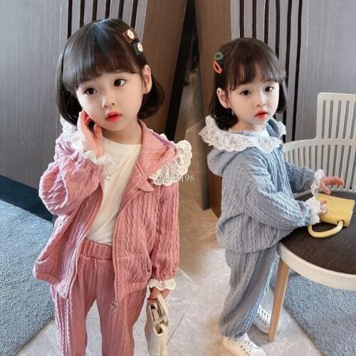 Girls' Sports Knitted Clothing Set Autumn Spring Child Casual Lace Hooded Sweater Pants Outfit Kids Cardigan Pants Clothes Set