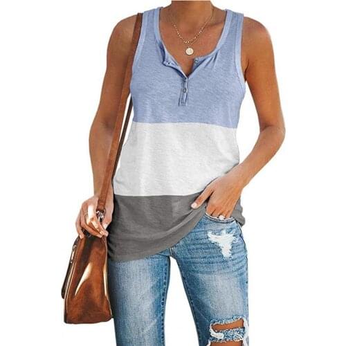 Top Female Loose Buttons Cotton Blend V-neck Contrast Color Vest Top Streetwear Patchwork deep v-neck sleeveless tops