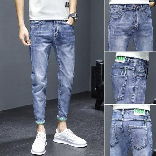 Street students Pants mens summer thin Korean slim feet pants 2021 new trendy brand light-colored teenager pencil jeans