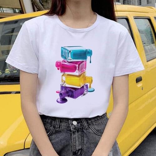 Women Short-sleeve Tee Shirt Fashion T Shirts Nail Polish White Tshirt Ulzzang Kawaii Harajuku Top Female Tee Top Women Clothing