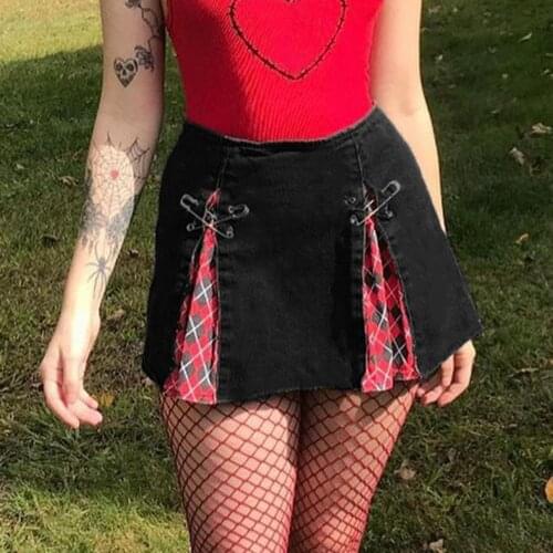 2021 Summer New Gothic Red and Black Mini Skirt High Waist A Line Women Pins Plaid Pleated Patchwork Streetwear for Party Dating