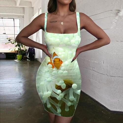 Giyu Brand Fish Dresses Women Fishinger Bodycon Dress Animal 3d Print Tropical Halter Sleeveless White Vestido Sexy