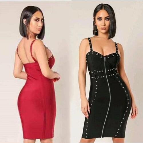 Free shipping high quality sexy black and red V-neck strap rivet upholstery rayon bandage evening party dress