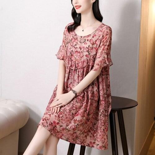 2021 Pink Floral Mulberry Silk Casual Midi Dress Summer Vintage 4XL Plus Size Chiffon Beach Sundress Women Elegant Party Vestido