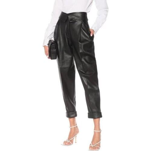 Vangull PU Leather Harem Pants For Women Spring High Waist Ankle Length Trousers Female Fashion Black Casual New Clothing 2021