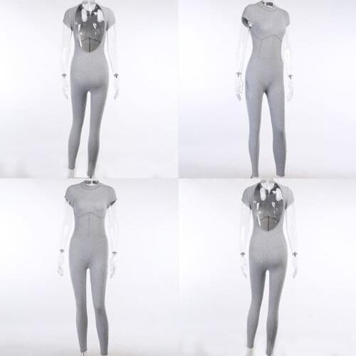 Women Short Sleeve Sexy Backless Jumpsuit Corset Waist Sport Skinny Rompers Ribbed Knitted Leggings Workout Playsuit