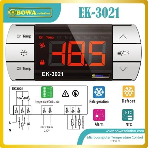 Touch control electronic thermostat has double NTC sensor, defrost controller, alarm and refrigeration function, for freezers