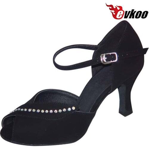 Evkoodance Pu With Diamond Salsa Dance Shoes Women Black Golden Color Middle Heel Height 7cm Can Be Customize Evkoo-228