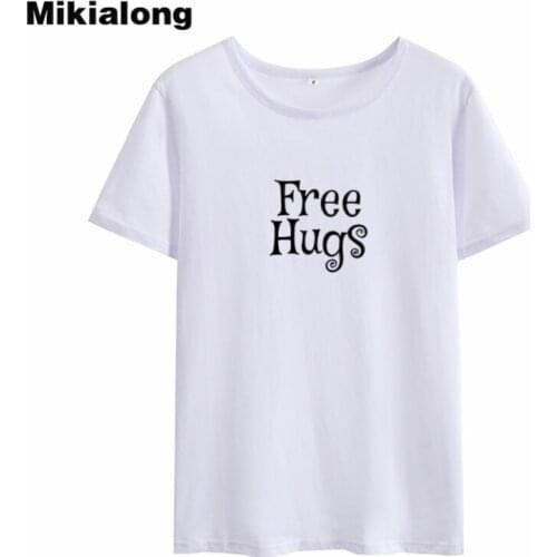 Mikialong Free Hugs Funny Tshirt Women 2018 Summer O-neck Loose Graphic Tees Women Hipster Tumblr T Shirt Feminina
