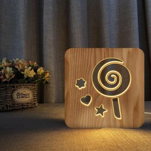 Lollipop 3d LED Wooden Night Light Hollow Carving Warm Light Table Lamp for Kids Baby Sleep Lighting Bedroom Decor Best Gifts