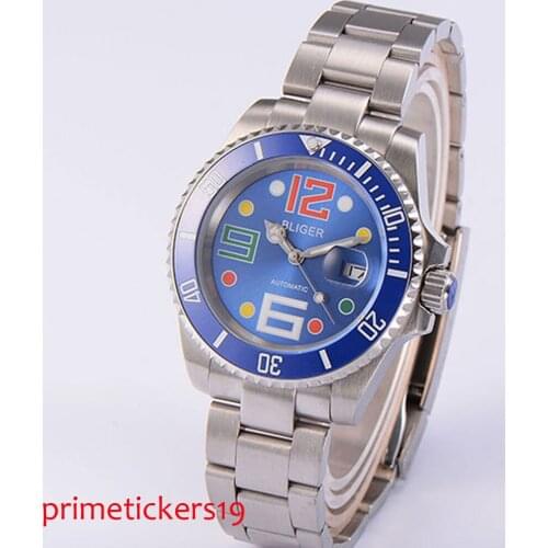 40mm Bliger blue dial ceramic bezel sapphire glass date automatic movement mens watch