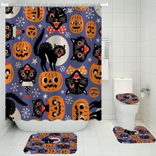 4 Pieces Bath Sets Black Cats/Pumpkin Skulls Shower Curtain Halloween Toilet Mat Washable U-shaped Pad 3D Print Floor Rugs