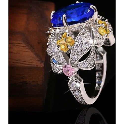 New Style Fashion Colorful Zircon Fox Ring Blue Gem Silver Plated Ring Bride Engagement Wedding Party Jewelry Size Us6-10