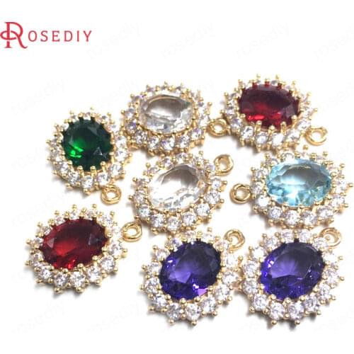 38774)4PCS 15x17MM 24K Gold Color Brass and Zircon and Glass Oval Shape Charms Pendants Jewelry Making Supplies Diy Findings