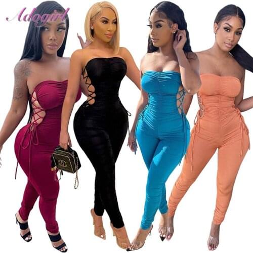 Sexy strapless Off Shoulder backless bandage hollow out night party club skinny jumpsuit women