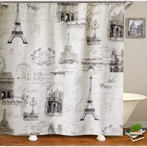 Retro Building lron Tower Design Custom Shower Curtain Bathroom Waterproof Mildewproof Polyester Fabric With 12 Hooks