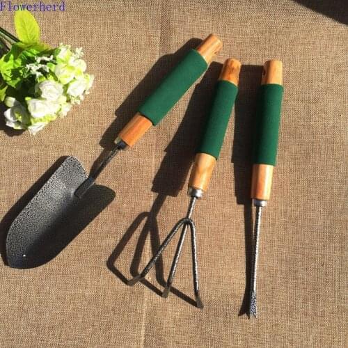 Gardening Tools Large Wooden Handle Sponge Set Three-piece Garden Set Shovel Rake Seedling Plant Potted Plant Sowing Machine