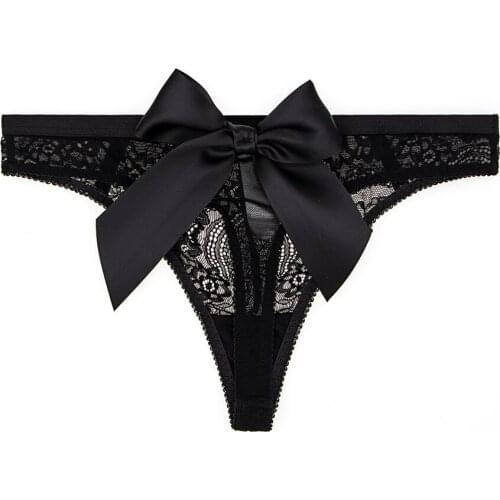Sexy Women Underwear Transparent Lace Ultra Thin Thong Bow Erotic Lingerie Panties Hollow-out Flirt Female Xmas Gift CYHWR
