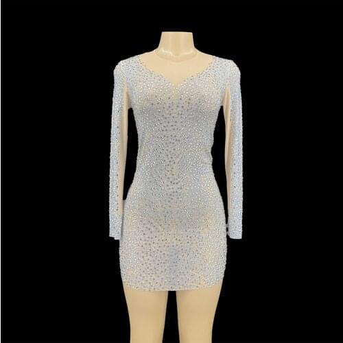Silver Rhinestones Brown Mesh Stretch Dress Birthday Celebrate Transparent Long Sleeves Outfit Singer Dancer Nightclub Prom