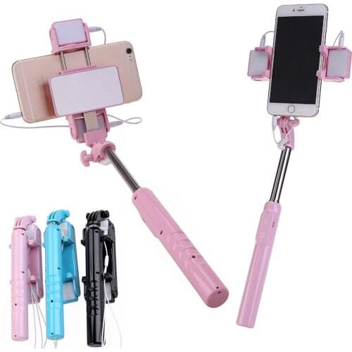 Mini Extendable Handheld Monopod Wired Mirror Selfie Stick with LED fill light for Phone Iphone 5 6 6s 7 Samsung Xiaomi Android