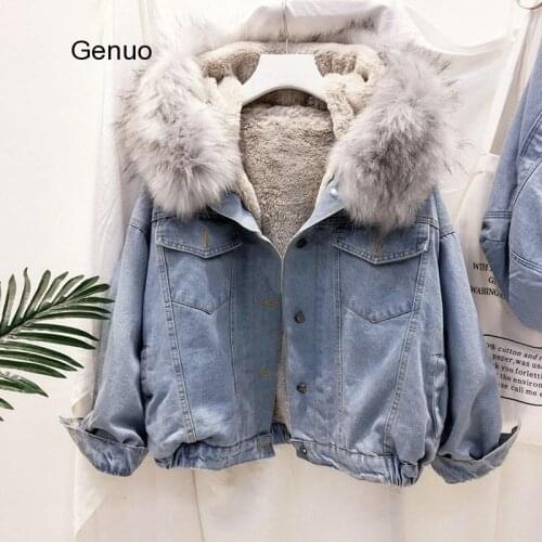 Thick Denim Jacket Female Winter Big Faux Fur Collar Korea Denim Coat Female Student Short Coat 2020 New