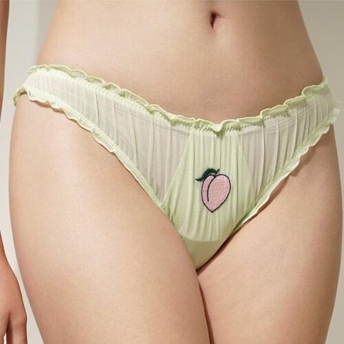 Women Sexy Lace Lingerie Fruit Embroidery Briefs Temptation Low-waist Pink Panties Transparent Briefs Seamless Sweet Underwear