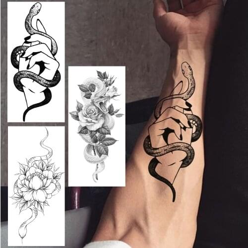 3D Snake Flower Temporary Tattoos For Women Men Black Realistic Large Fake Tattoo Hands Waterproof Lily Peony Tatoo Body Armband
