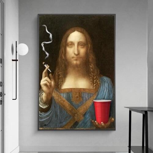 Fun Art Salvator Mundi Smoking Wall Art Canvas Paintings Reproductions By Leonardo Da Vinci Famous Canvas Prints for Living Room