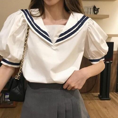 Women Casual Sweet Shirt Puff Sleeve Design Sailor Collar Basic Loose Chic Ladies Shirts Daily College Streetwear Womens Tops
