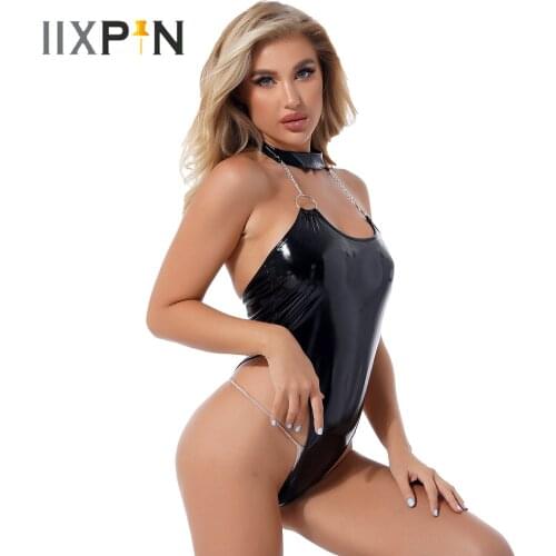 Womens Latex Patent Leather Jumpsuit Halter Neck O Ring Metal Chain Decor Teddies Catsuit High Cut Sleeveless Backless Romper