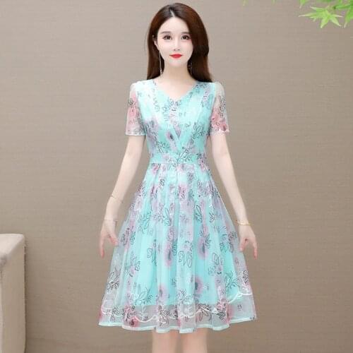 Clothes Summer 2021 New Mesh Embroidered floral Dress Fashion Women Shorts Sleeve temperament High waist Mini dress 286A