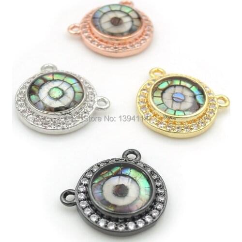 14*12*3mm Micro Pave Clear CZ Gridding Abalone Shell Round Charms Of Double Loop Fit For Making Necklaces Jewelry