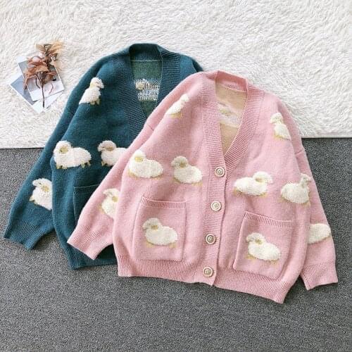 2021 Vintage Lamb Knit Cardigan Jacket Coats Streetwear Harajuku Casual Sheep Full Print Knitted Cardigan Sweater Pocket Blue