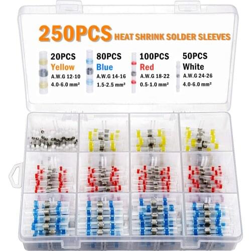 250PCS Mixed Heat Shrink Connect Terminals Waterproof Solder Sleeve Tube Electrical Wire Insulated Butt Connectors Kit