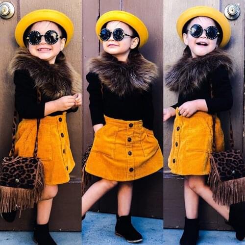 Toddler Kids Girls Fashion 3 Pcs Sets Long Sleeve Knit Shirt Top + Button Pocket A-line Skirt + Faux Fur Collar Clothes Suits