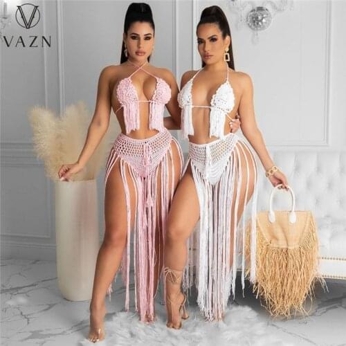 VAZN 2021 Summer Clubwear Print V-Neck Sleeveless Swimming Bikini Clothing Suits 2 Piece Set Women Top And Pant