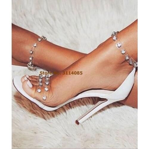 Women Newest Designer Bling Bling Crystal High Heel Sandals Clear PVC Single Strap Gladiator Sandals Shoes Shining Wedding Pumps
