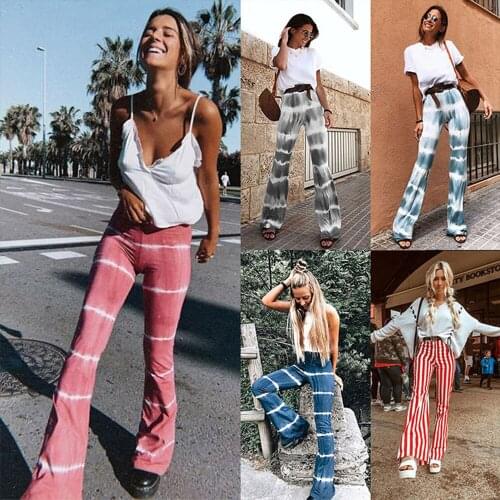 Summer Women Casual Flare Pants High Waist Wide Leg Trousers Female Loose Tie Dye Stripe Bohemian Long Pants Ladies Leggings