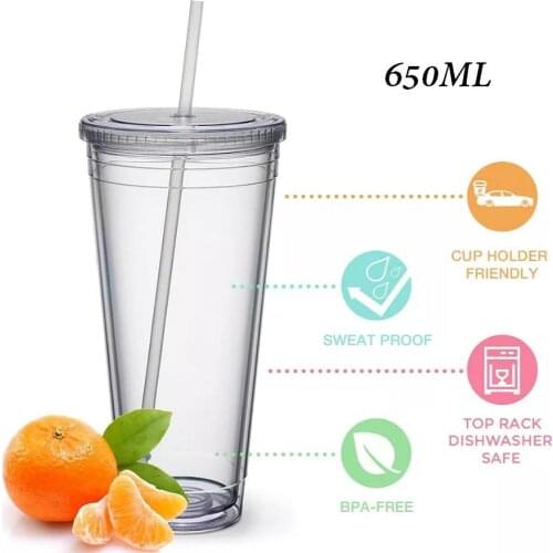 650ML Travel Portable Cup with Straw Sport Plastic Fruit Juice Water Bottle Sealed Cup Double layer plastic