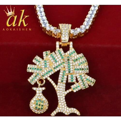 Tree Pendant US Dollar Money Free Steel Cuban Chain Mens Hip Hop Gold Color Cubic Zircon Necklace Jewelry