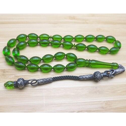 Rosary with 1000 Sterling Silver Kazaz Tassel and Squeezed Green Amber Stone Natural Stone Beads Prayer Islamic Muslim Tasbih