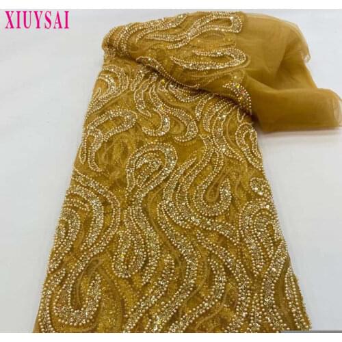 Gold Beaded Lace Fabric High Quality African Lace Fabric Handmade Beads Lace Fabric for Bridal Material French Net Lace